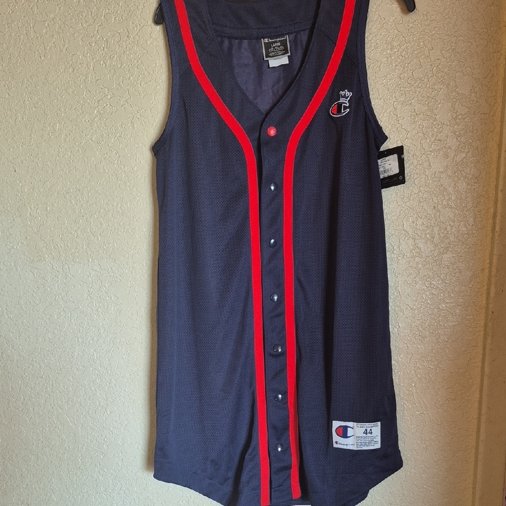 Champion Navy and Red Button-Up Jersey